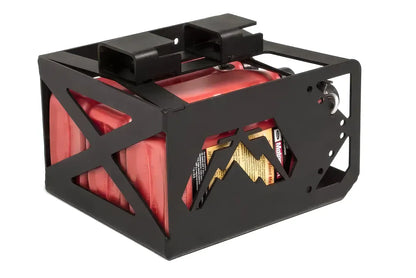 Fab Fours under-seat fluid container for Jeep Wrangler JK, matte black steel cage with Fab Fours logo cutout and X-braced side, holding three red fluid jugs, on a white background