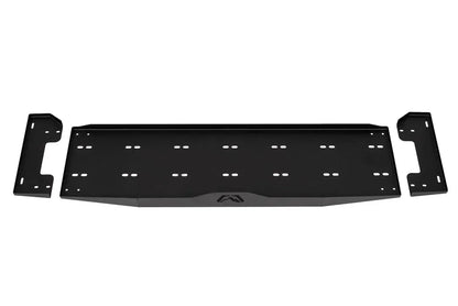 Fab Fours cargo divider for Jeep Wrangler JK in matte black, shown as a slotted steel shelf with Fab Fours logo and two side mounting brackets on a white background