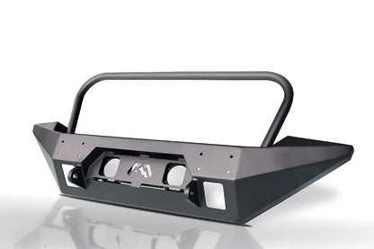 Fab Fours Full Metal Jacket full-width front bumper with full guard in black powder coat, angle view, showing the tubular grille hoop, wing-style end caps and Fab Fours logo cutout