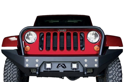 Fab Fours Full Metal Jacket full-width front bumper with full guard on a red Jeep Wrangler JK, straight-on front view, showing the tubular grille hoop, cube lights and bolted face plate