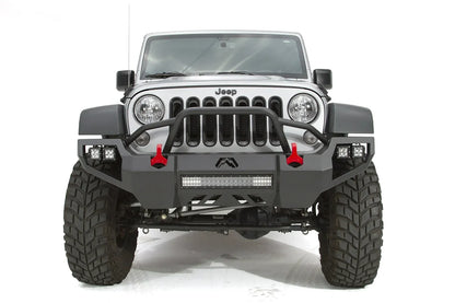 Fab Fours Vengeance front bumper with pre-runner guard on a silver Jeep Wrangler JK Rubicon, straight-on front view, showing the pre-runner hoop, center light bar and red shackles