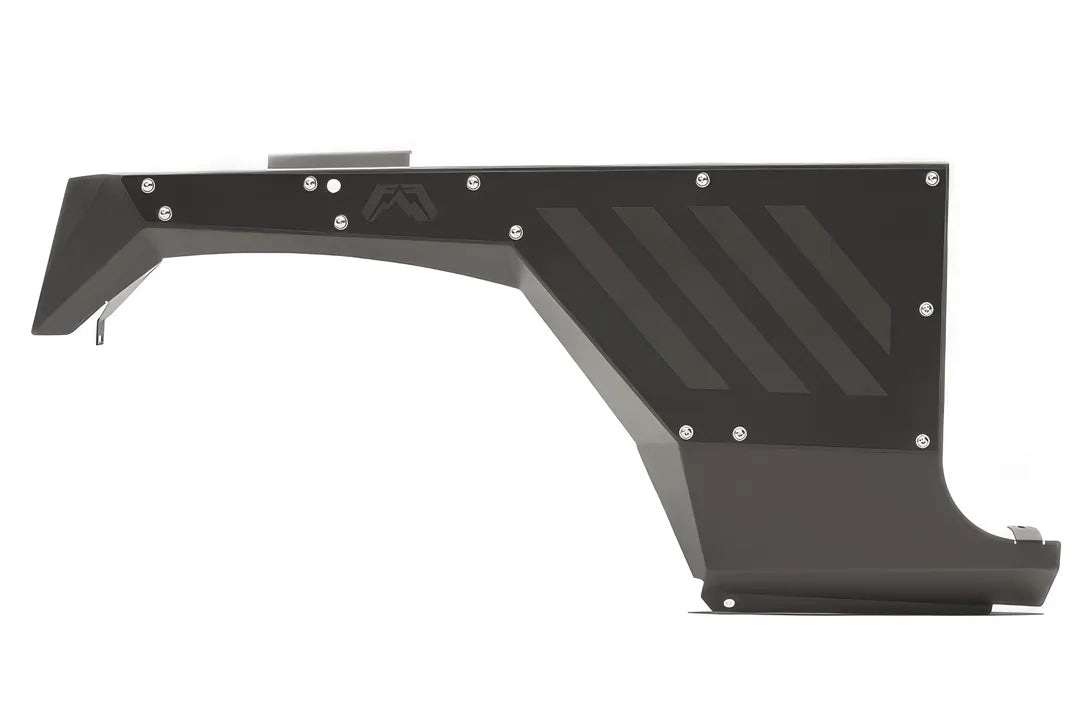 Black Fab Fours front steel fender for Jeep Wrangler JK with angled vent pattern and Fab Fours logo, shown on a white background