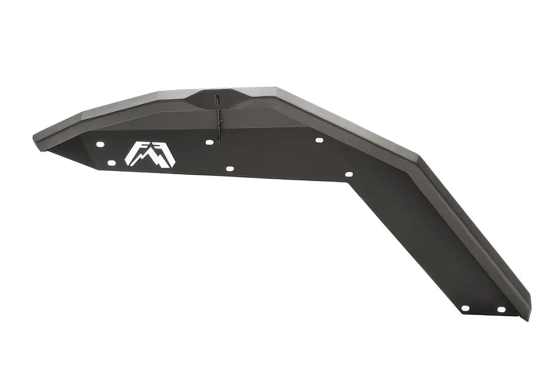 Fab Fours aggressive narrow front fender flare in black powder coat for the Jeep Wrangler JK and JL, angled view, showing the faceted steel flare with mounting holes and the cut-out Fab Fours logo