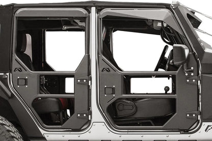 Fab Fours full tube door on a Jeep Wrangler JK, close-up of the padded upper window frame, showing the angled black cover over the tube with the interior and seats behind