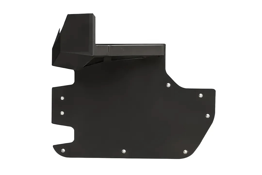 Fab Fours door skin for the Jeep Wrangler JK in black, front door panel shown flat, with the built-in mirror mount box and riveted mounting points around the edge