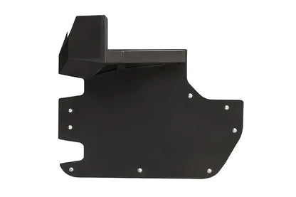 Fab Fours door skin for the Jeep Wrangler JK in black, front door panel shown flat, with the built-in mirror mount box and riveted mounting points around the edge