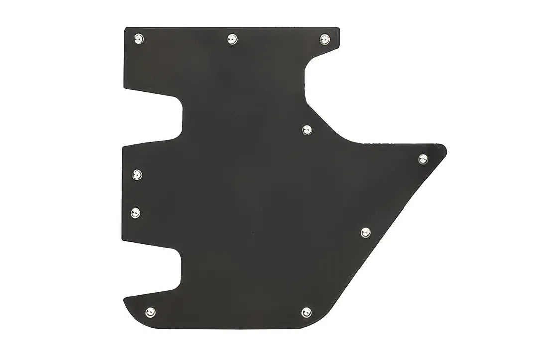 Fab Fours door skin for Jeep Wrangler JK, a flat matte black steel panel with angled cutouts and stainless bolt-on hardware, on a white background