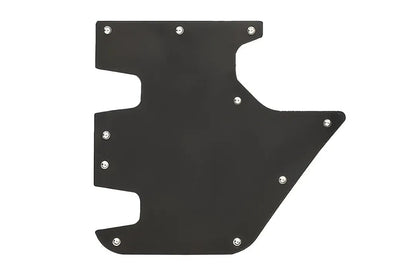 Fab Fours door skin for Jeep Wrangler JK, a flat matte black steel panel with angled cutouts and stainless bolt-on hardware, on a white background