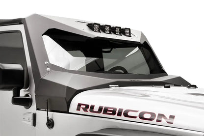 Fab Fours ViCowl Light Insert on a silver Jeep Wrangler JK Rubicon, passenger-side view, with four cube lights across the top of the steel cowl above the windshield