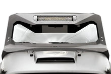 Fab Fours ViCowl Light Bar Insert Mount on a Jeep Wrangler JK, front view, showing a 20-inch LED light bar bolted into the insert across the top of the matte black steel windshield cowl