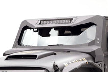 Fab Fours ViCowl Light Bar Insert Mount on a matte gray Jeep Wrangler JK, driver-side view, holding a 20-inch LED light bar in the top of the steel windshield cowl