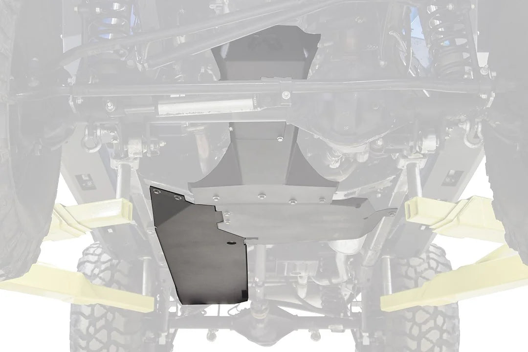 Fab Fours gas tank skid plate on a Jeep Wrangler JK, underside view, with the skid plate highlighted in black against a faded undercarriage, showing the bolt-on steel panel next to the other Fab Fours skid plates