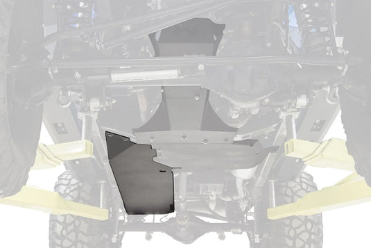 Fab Fours gas tank skid plate on a Jeep Wrangler JK, underside view, with the skid plate highlighted in black against a faded undercarriage, showing the bolt-on steel panel next to the other Fab Fours skid plates