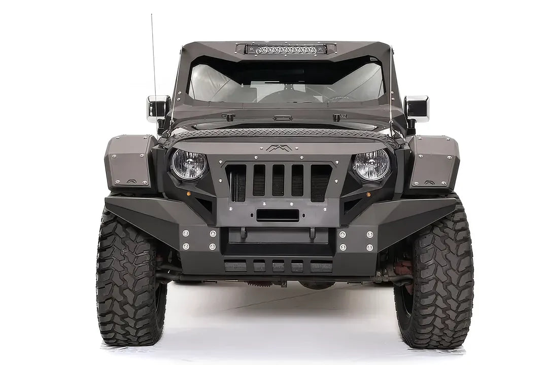 Fab Fours rear fender base on a dark gray 2-door Jeep Wrangler JK, straight-on front view, showing the front fender armor and Fab Fours body kit