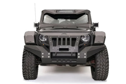 Fab Fours rear fender base on a dark gray 2-door Jeep Wrangler JK, straight-on front view, showing the front fender armor and Fab Fours body kit