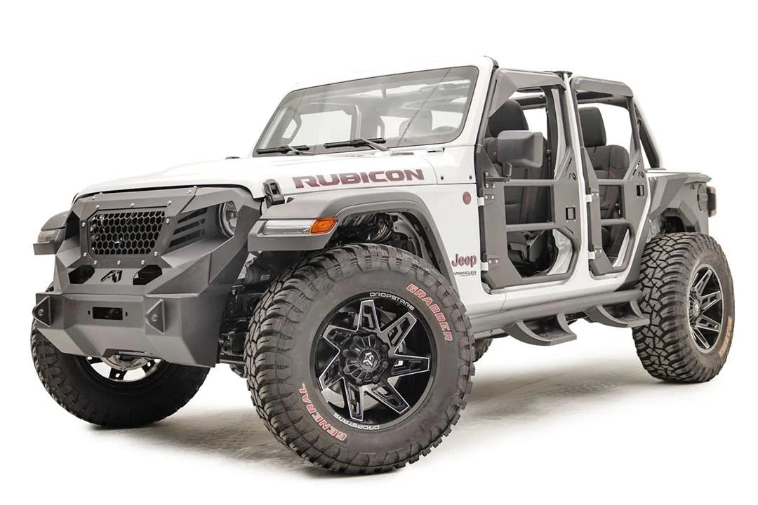 Fab Fours full tube doors on a lifted white Jeep Wrangler JL Rubicon Unlimited, front driver-side view, showing black tubular front and rear doors with steel lower panels, with a Fab Fours front bumper and grille