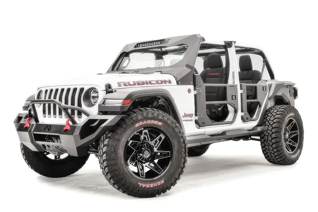 Fab Fours half tube doors on a white Jeep Wrangler JL Rubicon, driver-side front three-quarter view, showing the tubular door frames, steel lower panels and mirror mounts