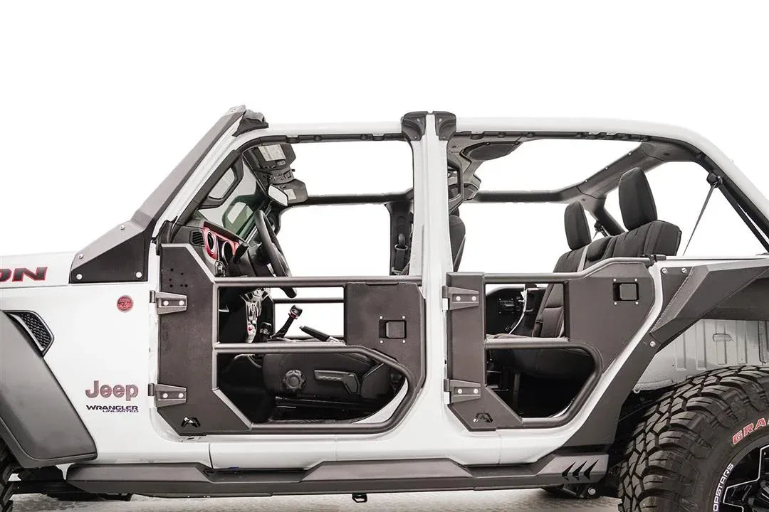 Fab Fours half tube doors on a white Jeep Wrangler JL, driver-side profile view, showing front and rear tube doors, steel lower panels and door hinges