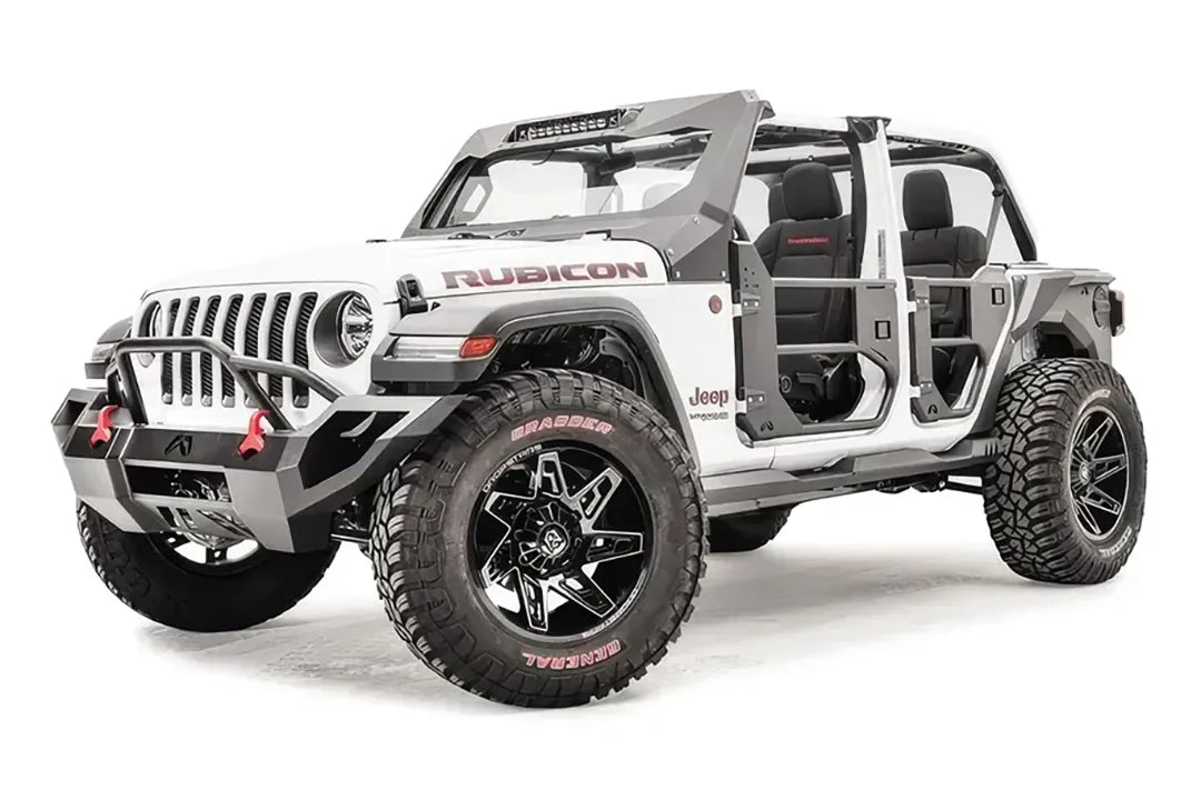 Fab Fours half tube doors on a white Jeep Wrangler JL, driver-side front three-quarter view, showing tube doors on both front and rear openings, black powder coat and open cabin