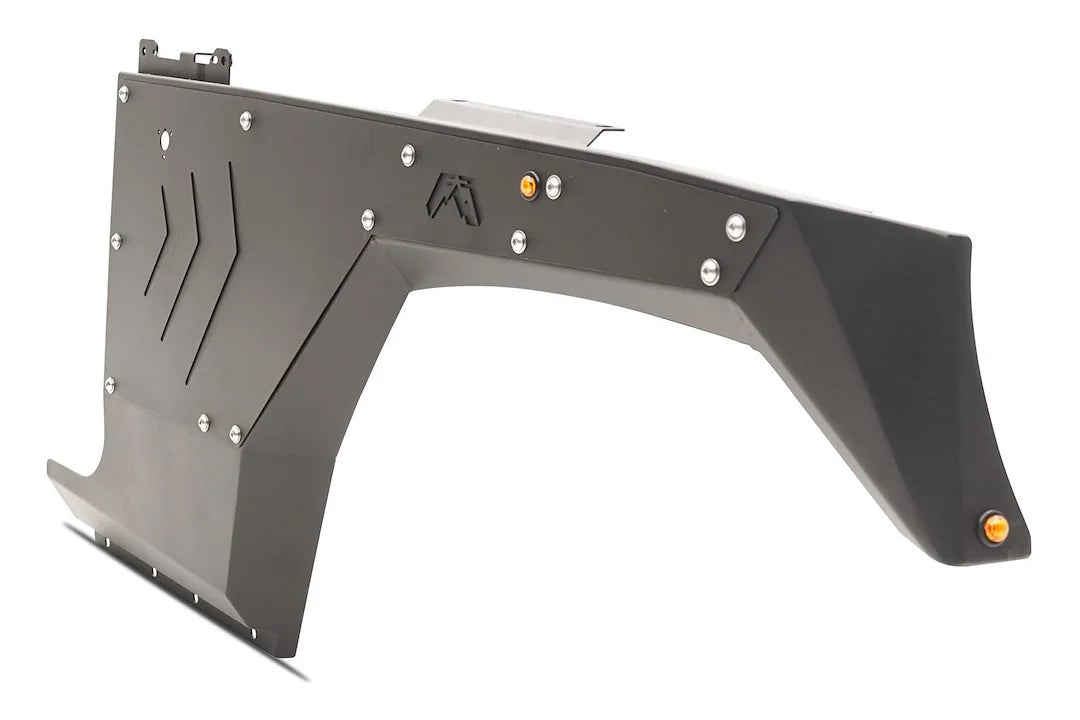 Black Fab Fours front steel fender for Jeep Wrangler JL with chevron vent cutouts, Fab Fours logo, and amber marker lights, angled view on a white background