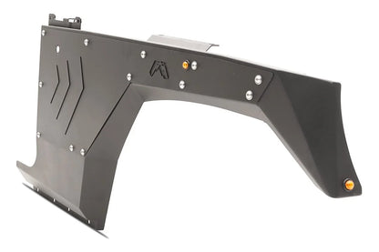 Black Fab Fours front steel fender for Jeep Wrangler JL with chevron vent cutouts, Fab Fours logo, and amber marker lights, angled view on a white background