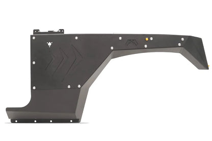 Black Fab Fours front steel fender for Jeep Wrangler JL with chevron vent cutouts, Fab Fours logo, and amber marker lights, side view on a white background