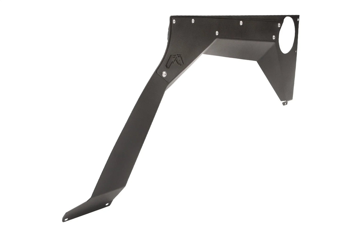 Black Fab Fours fender panel for Jeep Wrangler JL on a white background, with Fab Fours logo, mounting hardware, and round cutout at the corner