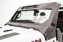 Close-up of the Fab Fours ViCowl light bar insert on a white Jeep Wrangler JL, driver side, showing the LED light bar bolted into the steel cowl above the windshield
