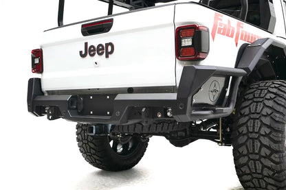 Fab Fours rear bumper on a white Jeep Gladiator, rear three-quarter view