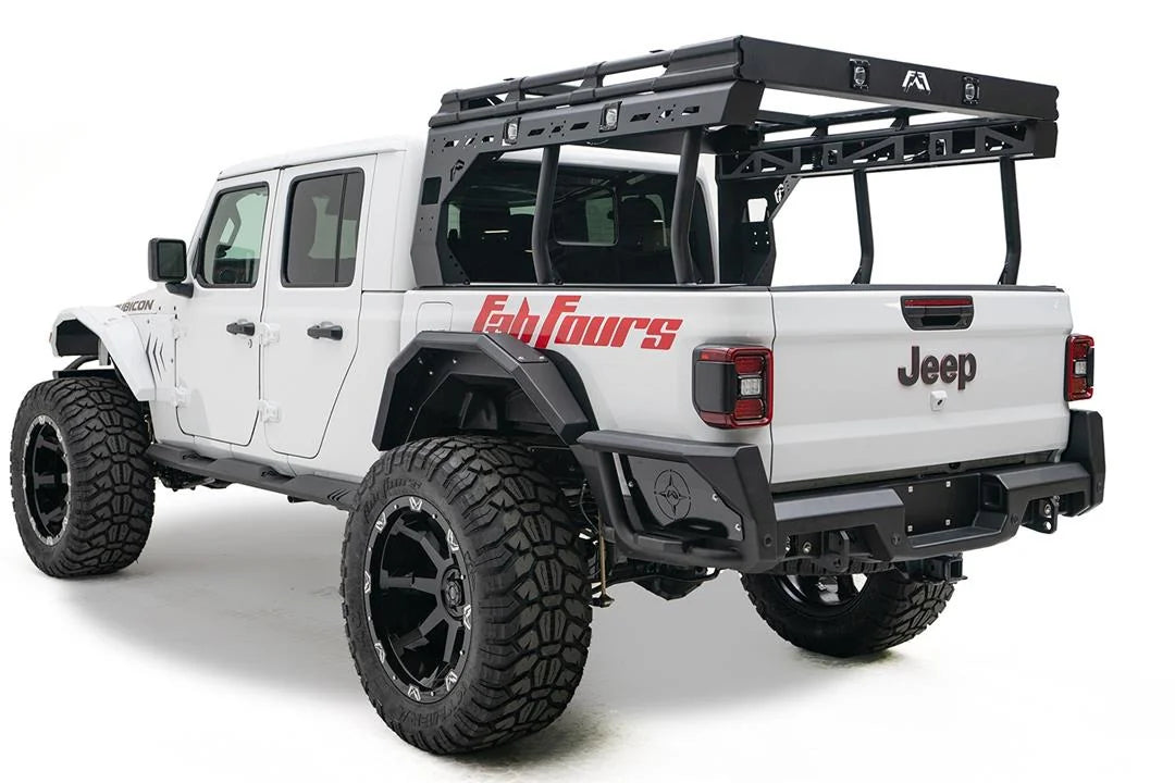 Lifted white Jeep Gladiator Rubicon with Fab Fours rear bumper