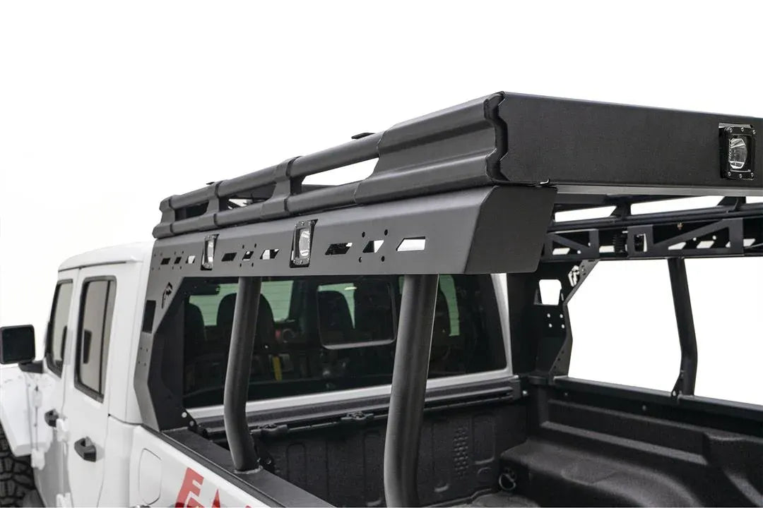 Fab Fours Overland Rack on a white Jeep Gladiator, driver-side view,