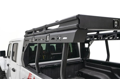 Fab Fours Overland Rack on a white Jeep Gladiator, driver-side view,