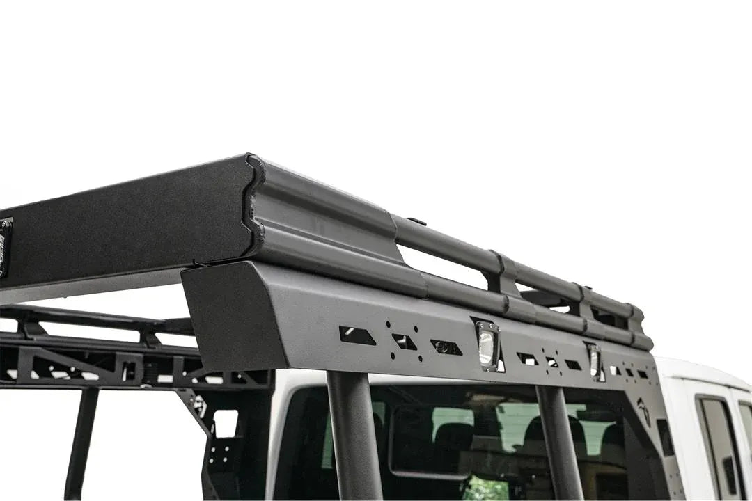 Fab Fours Overland Rack on a white Jeep Gladiator, passenger-side view