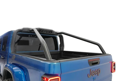 Fab Fours sport rack on a blue Jeep Gladiator, driver-side rear three-quarter view of the bed