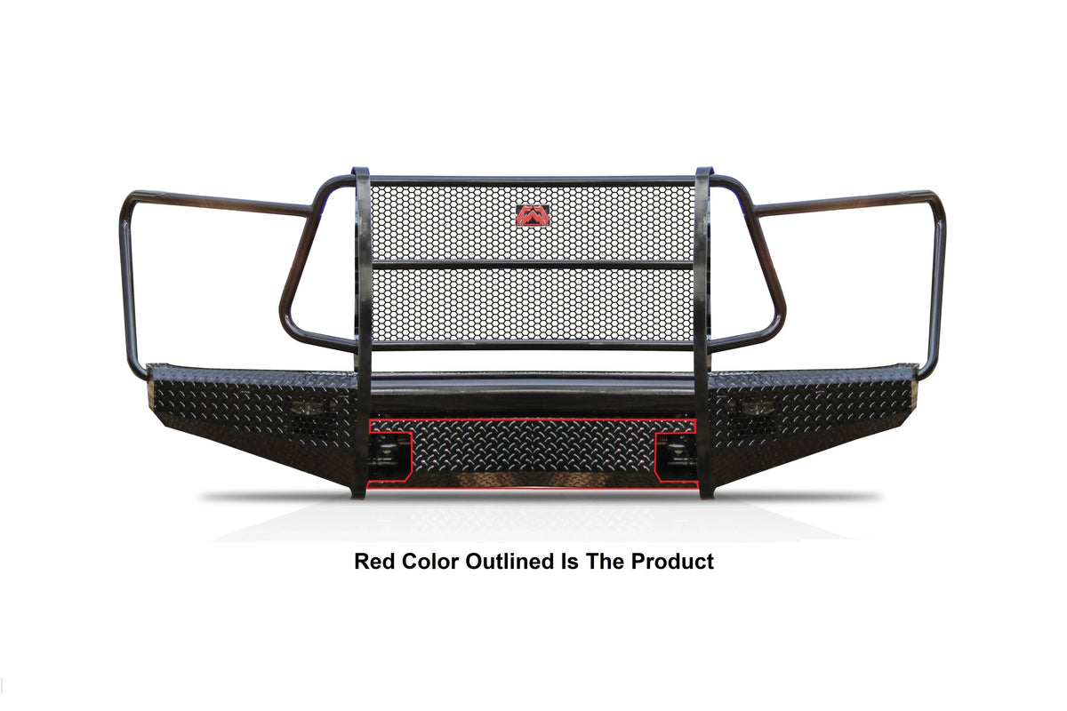 Fab Fours Black Steel 1500 front guard plate in black powder coat, front view, shown outlined in red on a full grille guard bumper with diamond-plate finish and light openings