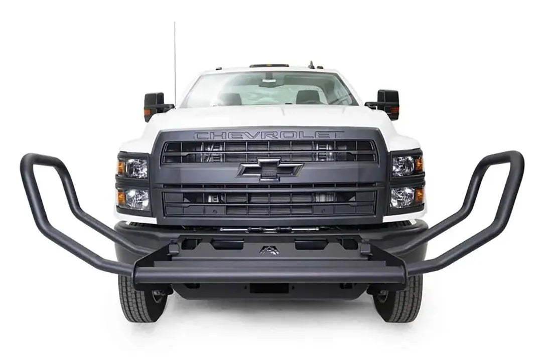 Fab Fours winch mount on a white Chevrolet Silverado 4500 chassis cab, straight-on front view, showing the tube guard, winch tray and lower bumper