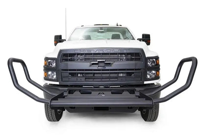 Fab Fours winch mount on a white Chevrolet Silverado 4500 chassis cab, straight-on front view, showing the tube guard, winch tray and lower bumper