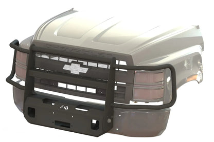 Render of Fab Fours winch mount with full guard and mesh insert on a Chevrolet Silverado, front three-quarter view, showing the mesh insert, headlight hoops and winch plate