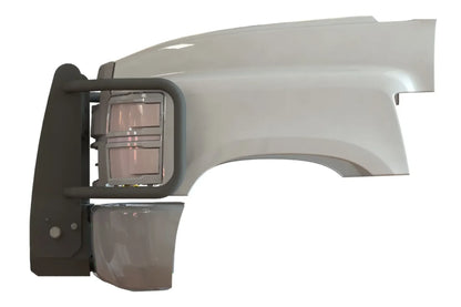 Render of Fab Fours winch mount with full guard on a Chevrolet Silverado, driver-side profile view, showing the guard upright, headlight hoop and mount depth