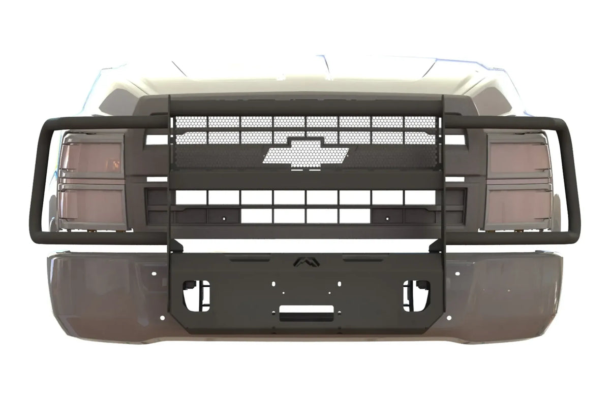 Render of Fab Fours winch mount with full guard and mesh insert on a Chevrolet Silverado, front view, showing the mesh grille insert, headlight hoops and winch plate