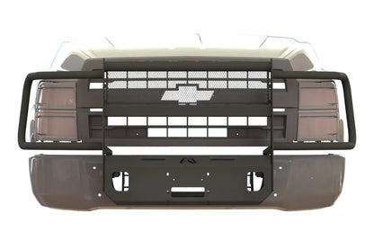 Render of Fab Fours winch mount with full guard and mesh insert on a Chevrolet Silverado, front view, showing the mesh grille insert, headlight hoops and winch plate