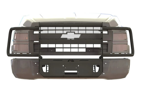 Render of Fab Fours winch mount with full guard and mesh insert on a Chevrolet Silverado, front view, showing the mesh grille insert, headlight hoops and winch plate