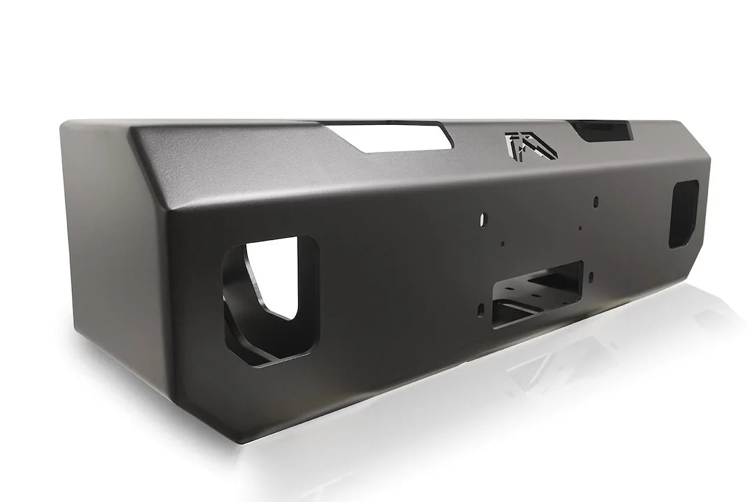 Fab Fours winch mount in black powder coat, opposite angled view, showing the side cutouts, winch opening and top logo