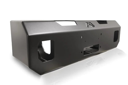 Fab Fours winch mount in black powder coat, opposite angled view, showing the side cutouts, winch opening and top logo