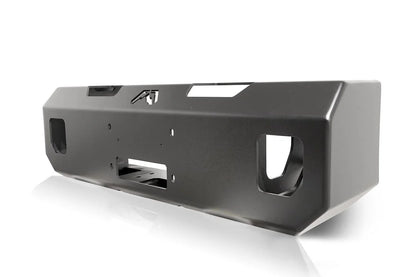 Fab Fours winch mount in black powder coat, angled view, showing the fairlead opening, tow-point cutouts and top logo