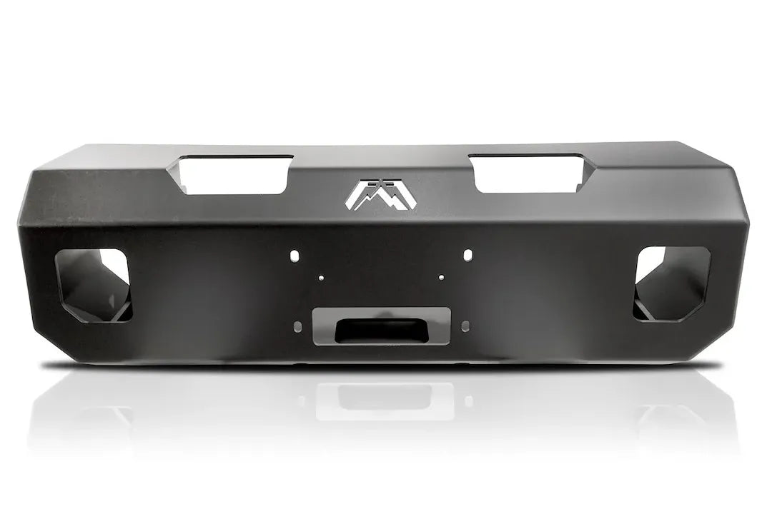Fab Fours winch mount in black powder coat, front view, showing the centered fairlead opening, end cutouts and top logo