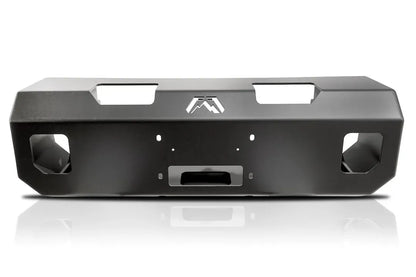 Fab Fours winch mount in black powder coat, front view, showing the centered fairlead opening, end cutouts and top logo