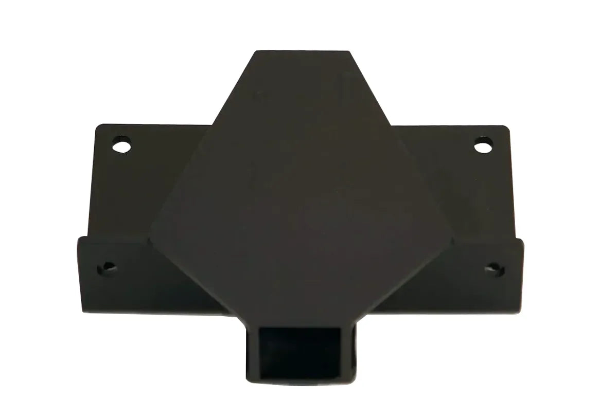 Fab Fours universal 2-inch front receiver hitch in matte black, a 3/16-inch steel bolt-in mount with angled faceplate, four mounting holes and square receiver opening on a white background