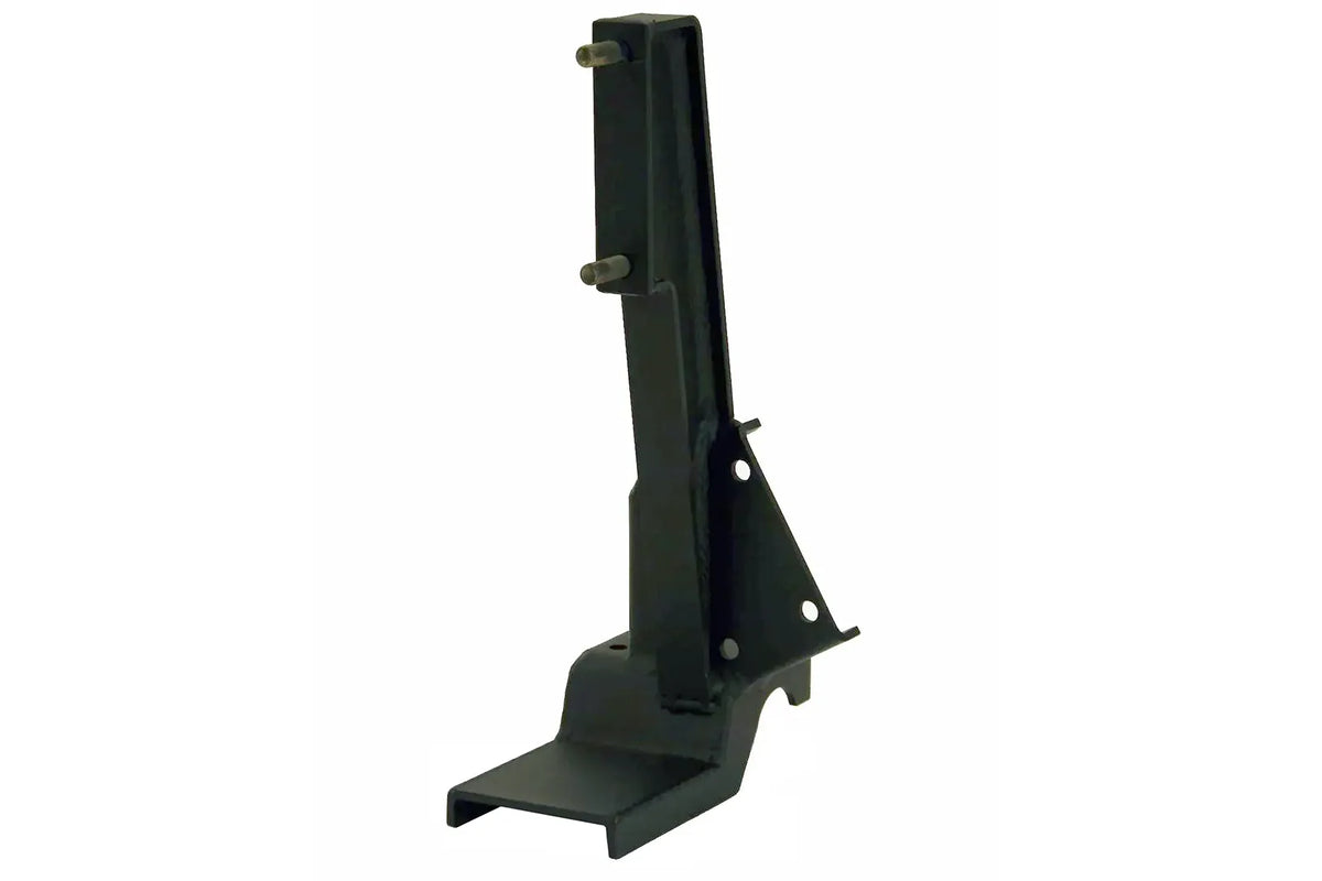Fab Fours Hi-Lift jack mount for Jeep Wrangler JK, black steel bracket with two mounting studs, gusseted side plate and base foot on a white background