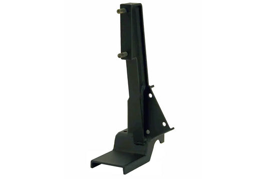 Fab Fours Hi-Lift jack mount for Jeep Wrangler JK, black steel bracket with two mounting studs, gusseted side plate and base foot on a white background